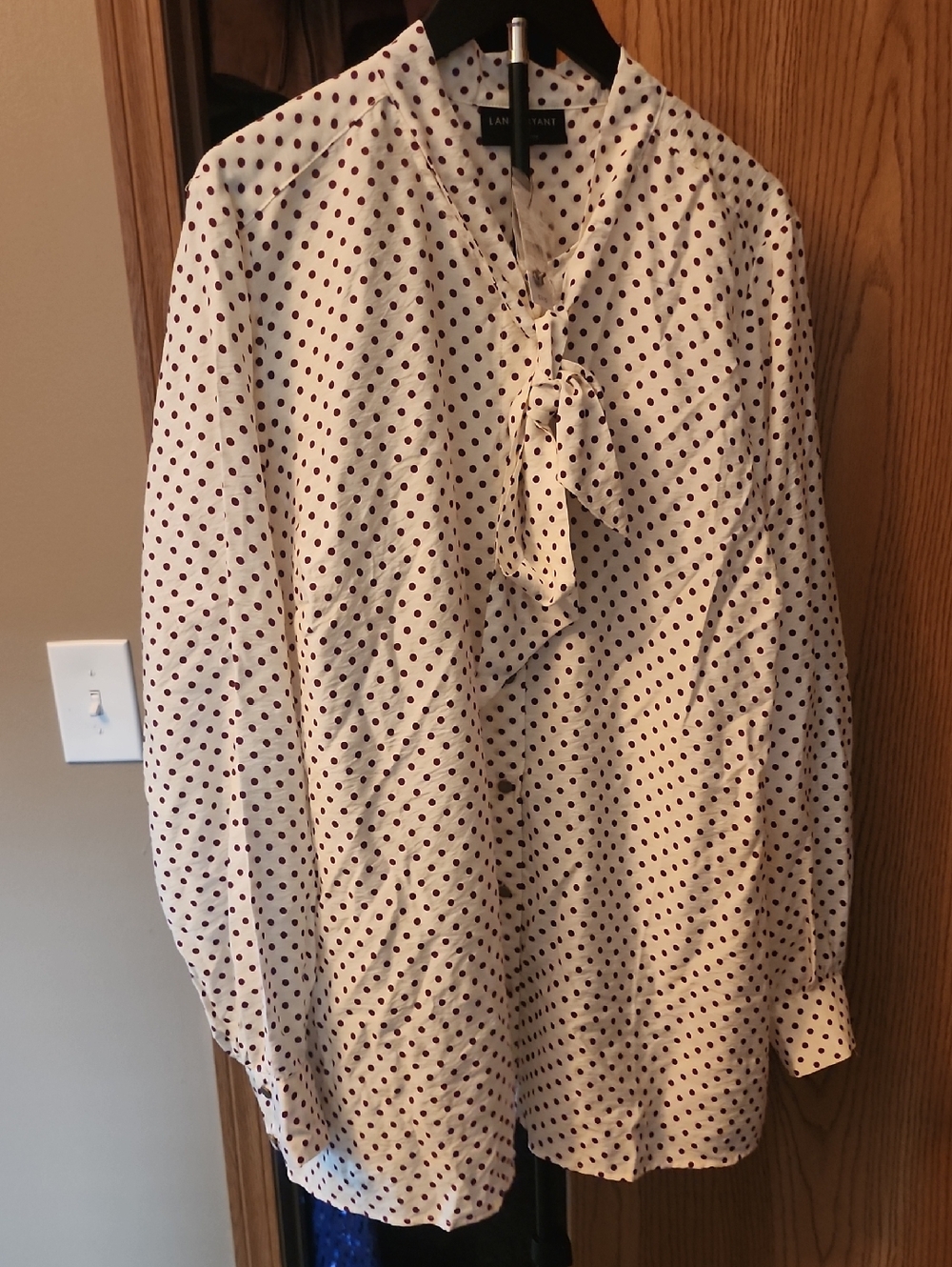 Lane Bryant White Blouse with Maroon Polka Dots and Tie Neck